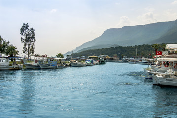 Mugla, Turkey, 14 May 2012: Boats and Houses at Azmak Stream, Gokova Bay, Akyaka