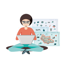 man with laptop social media icons vector illustration design