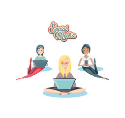women with laptops social media icons vector illustration design