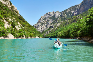 Fototapeta na wymiar kayaks on St Croix Lake, Les Gorges du Verdon, Provence, France