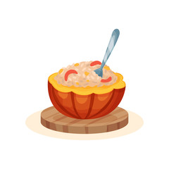 Porridge within the pot of a ripe pumpkin, organic healthy autumn food vector Illustration isolated on a white background