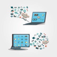 electronic devices with social media icons vector illustration design