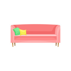 Modern red sofa with pillows, living room furniture, interior design element vector Illustration on a white background