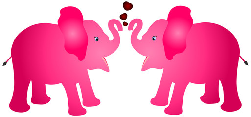 Pair of pink colour elephant calf baby cartoon vector illustration with red hearts against white background