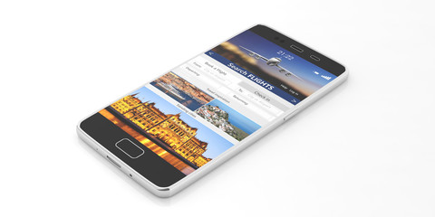 Search flights on a smartphone screen, isolated on white backgound. 3d illustration