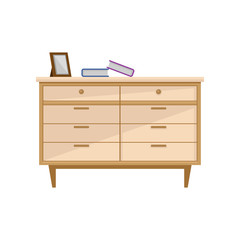 Wooden light brown chest of drawers, interior design element vector Illustration on a white background