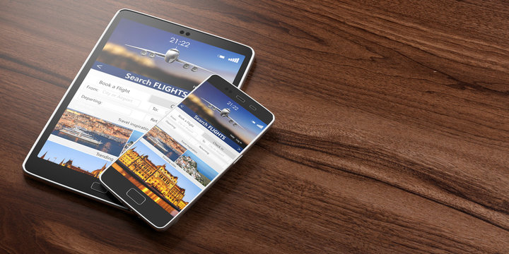 Smartphone and tablet on wooden backgound, Search flights on the screens, copy space. 3d illustration