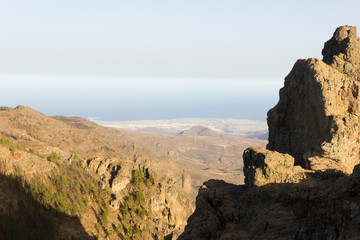 Fototapeta na wymiar Pico de las Nieves unique views in Gran Canaria, Spain. Sunlight over popular mountain peak in Canary Islands. Tourist attraction, hiking, trekking concepts