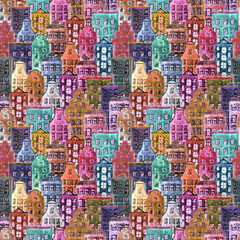 Seamless pattern of watercolor old europe houses