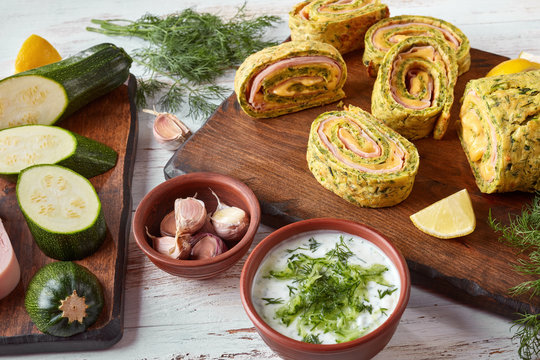 zucchini roulade with cheese and boiled ham