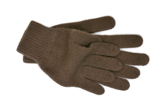  Warm brown woollen gloves isolated on white background