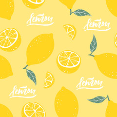 Lemon seamless pattern with lettering on yellow background. Vector illustration - 216259576