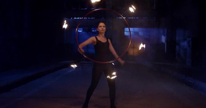 Female Dancer Performing Fire Show In Darkness Confidence Extreme Low Light Slow Motion 8k Red Epic