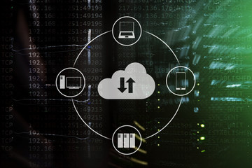 CLoud server and computing, data storage and processing. Internet and technology concept.