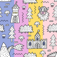 Childish seamless pattern with mountain, castle, dragon, forest and viking. Vector texture in childish style great for fabric and textile, wallpapers, backgrounds. Cheerful striped background