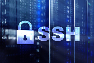 SSH, Secure Shell protocol and software. Data protection, internet and telecommunication concept.