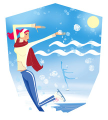 Fototapeta premium Zodiac sports lady. Aquarius. Winter landscape with an ice-hole and the moon. A girl in a yellow sweater and a red scarf skates under the falling snow. In the form of a heraldic shield.