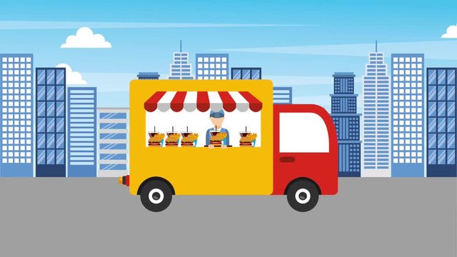 man chef food truck delicious menu in the city animation