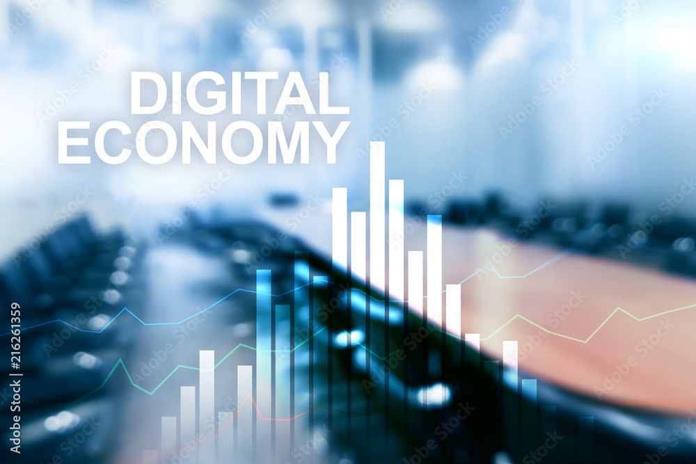 Wall mural digital economy, financial technology concept on blurred background.