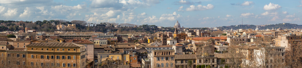 Fototapeta na wymiar Rome, a panorama from the Aventine Hill, a view of the Tiber, the Gianiculum Hill, the Garibaldi Monument, Trastevere, Victor Emmanuel, the Capitol Hill, the Vatican, St. Peter's Cathedral (part 1)