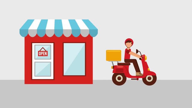 restaurant man riding motorcycle food delivery animation