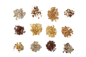 Collection of Cereal Grains and Seeds isolated on white background