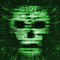 Naklejka premium Computer virus skull danger concept. Illustration of Abstract Skull sign with binary codes on green background. Concept for online piracy, hacking.