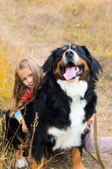happy girl hugging her big dog Berner Sennenhund