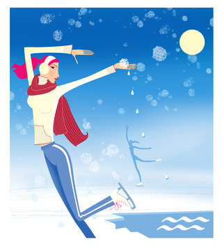 Zodiac sports lady.  Aquarius.  Winter landscape with an ice-hole and the moon. A girl in a yellow sweater and a red scarf skates under the falling snow.  In the form of a  shield.