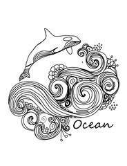  vector Beautiful background with a pattern of ocean waves swirling and a whale on a white background