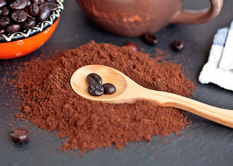 Wooden spoon with coffee beans lies on the hill of ground coffee