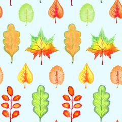 Colorful autumn leaves variety (different shapes), hand painted watercolor illustration, seamless pattern on blue background