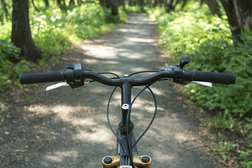 Fototapeta na wymiar Mountain biking down hill. led outdoor sports in the park. View from bikers eyes. bicycle handlebars