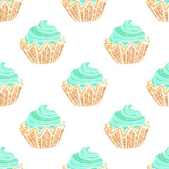 Colored Seamless Pattern with Cupcakes in Hand-Drawn Style