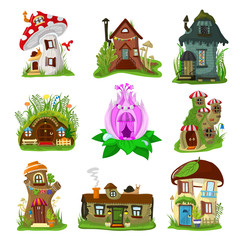Fantasy house vector cartoon fairy treehouse and magic housing village illustration set of kids fairytale playhouse for gnome or elf isolated on white background - obrazy, fototapety, plakaty