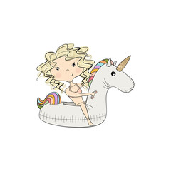 Blonde Hair Girl On An Inflatable Unicorn Isolated On A White Background Hand Drawn Illustration 