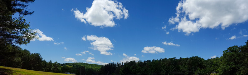 Fototapeta na wymiar Cloudscape, Panorama Blue Sky White Puffy Clouds On A Warm Summer Day
