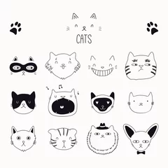 Wall murals Illustrations Set of cute funny black and white doodles of different cats faces. Isolated objects. Hand drawn vector illustration. Line drawing. Design concept for poster, t-shirt, fashion print.