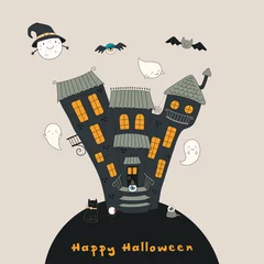 Foto op Canvas Hand drawn vector illustration of a haunted house, kawaii funny moon, bat, monsters, cat, ghosts, with text Happy Halloween. Isolated objects. Line drawing. Design concept for print, card, invitation. © Maria Skrigan