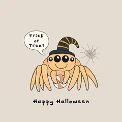 Zelfklevend Fotobehang Hand drawn vector illustration of a kawaii funny spider, with text Happy Halloween, Trick or treat in a speech bubble. Isolated objects. Line drawing. Design concept for print, card, party invitation. © Maria Skrigan