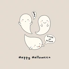 Foto op Aluminium Hand drawn vector illustration of a kawaii funny ghosts, with text Happy Halloween, Boo, Trick or treat in speech bubbles. Isolated objects. Line drawing. Design concept for print, card, invitation. © Maria Skrigan