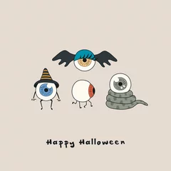 Zelfklevend Fotobehang Hand drawn vector illustration of a kawaii funny eye monsters, with text Happy Halloween. Isolated objects. Line drawing. Design concept for print, card, party invitation. © Maria Skrigan