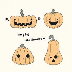Zelfklevend Fotobehang Hand drawn vector illustration of a kawaii funny pumpkin jack o lanterns, with text Happy Halloween. Isolated objects. Line drawing. Design concept for print, card, party invitation. © Maria Skrigan
