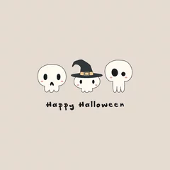Foto op Aluminium Hand drawn vector illustration of a kawaii funny skulls, witch hat, with text Happy Halloween. Isolated objects. Line drawing. Design concept for print, card, party invitation. © Maria Skrigan