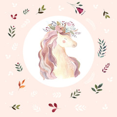 Vintage illustration with cute unicorn