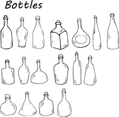 Set of bottles in cartoon style. Hand drawn illustration isolated on white background.