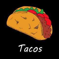 Taco on black background. Hand drawn vector  illustration in cartoon style for menu card design