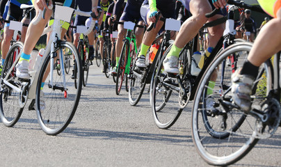 professional cyclists engaged in a road race