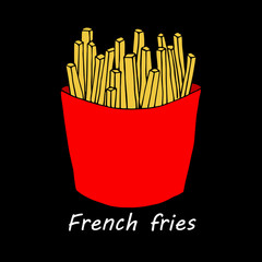 French fries on black background. Hand drawn illustration in cartoon  style for menu card design