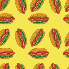 Hotdog seamless pattern. hand drawn illustration. Bright cartoon illustration for card design, menu, fabric and wallpaper.